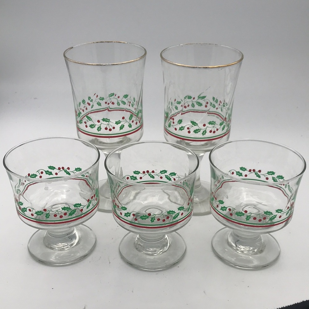 VTG Libbey Arby's‎ Holly & Berries Wine Glasses & Dessert Cups 5-piece